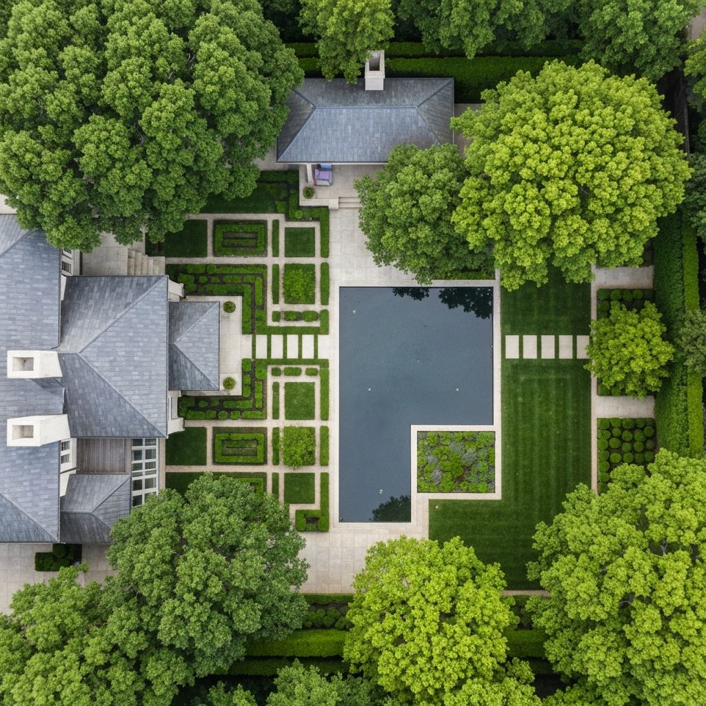 Aerial view of luxury estate landscaping